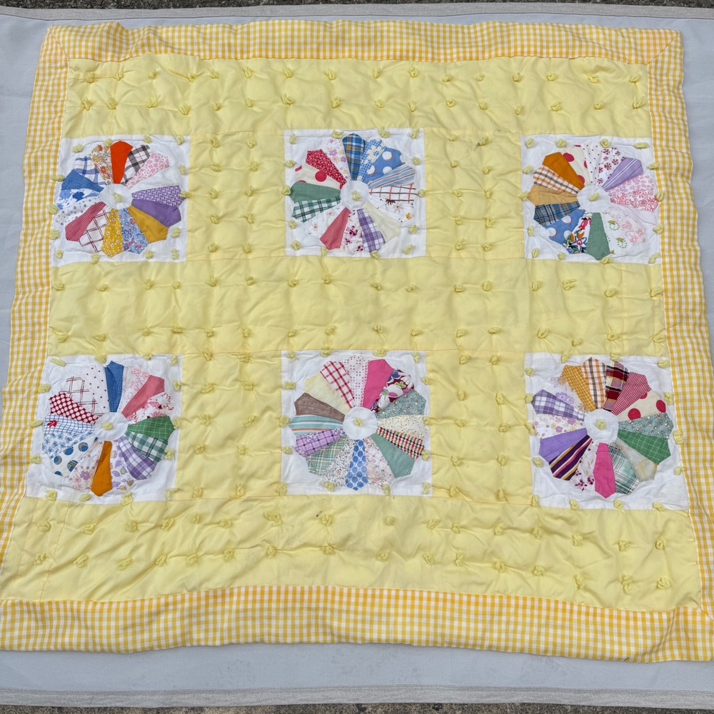 Vintage Quilt Crib Blanket Yellow Gingham Dresden Plate Patchwork Cottagecore